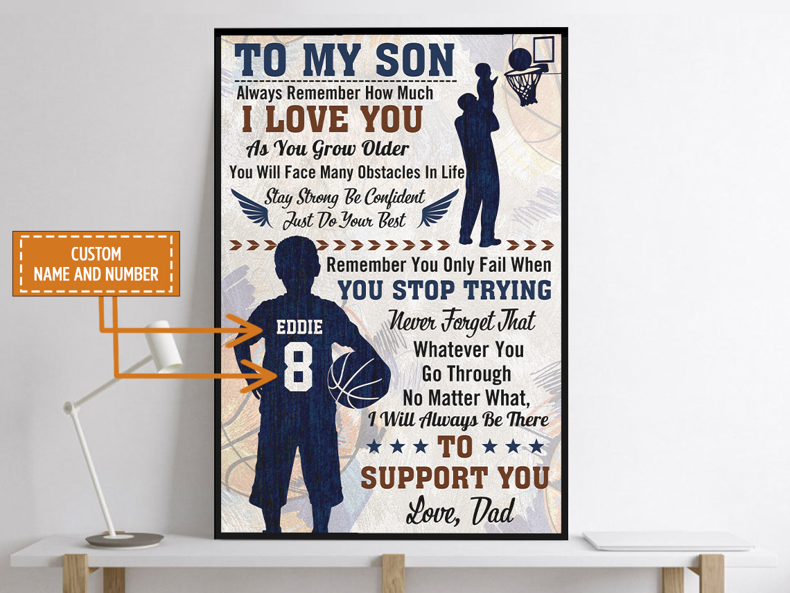 Personalized Name Number Basketball Poster To My Son Wall Art Home Decor, Birthday Gift For Boy, Son, Kid
